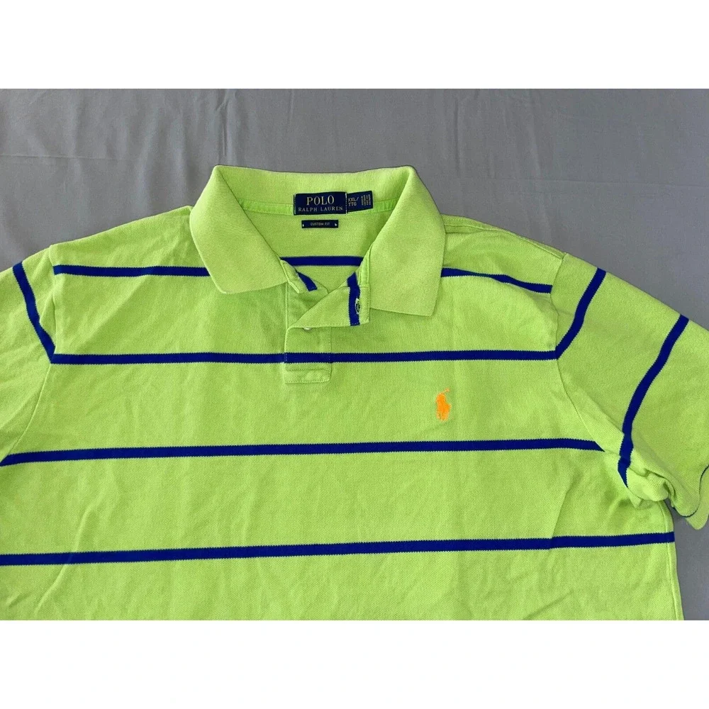 Ralph Lauren Custom Fit Pique Cotton Polo Shirt. Green Stripe. Size XL, GUC!!